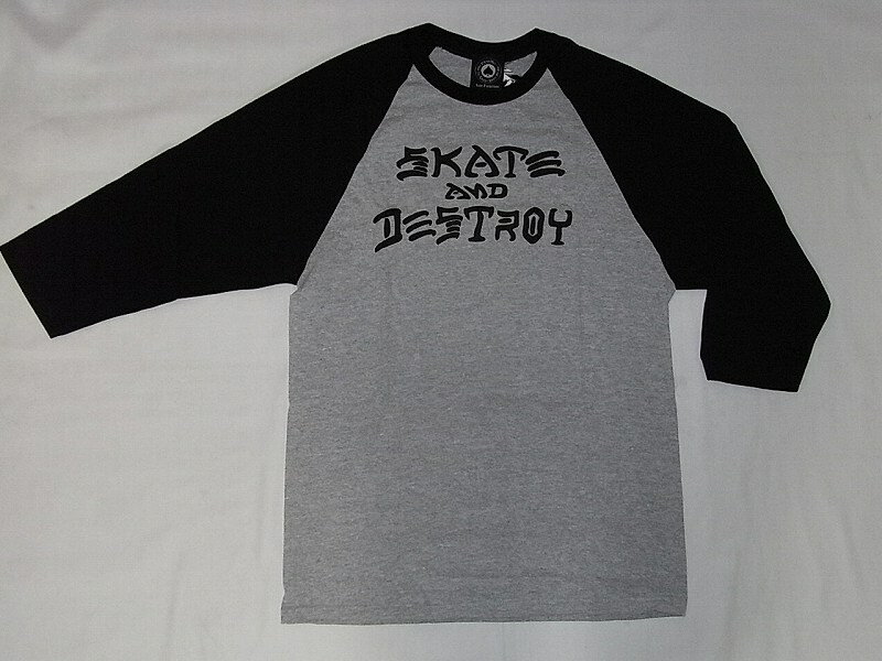 THRASHER スラッシャー SKATE & DESTROY SAD S&Dロゴ ラグラン七分袖Tシャツ 黒x灰