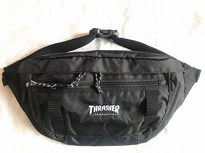 THRASHER スラッシャー THR-139 COLOR MAG LOGO カラーマグロゴ刺繍 大 ウエストバッグ L ボディーバッグ 黒x白 ブラックxホワイト