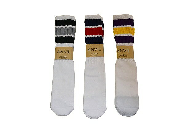 ANVIL アンビル US COTTON TUBE SOCKS チューブソックス ラインソックス 3足セット 白 ホワイト WHITE トリコライン　 3足組