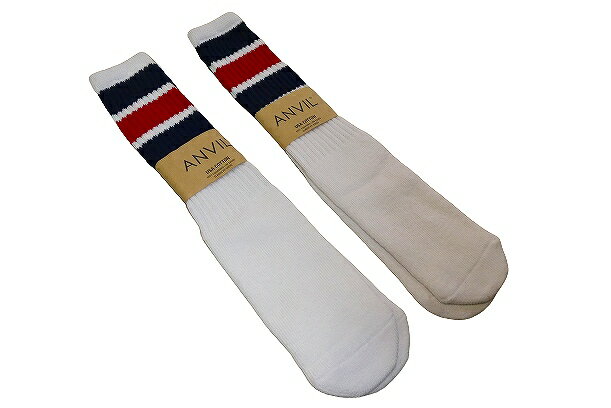 Rakuten - ANVIL アンビル US COTTON TUBE SOCKS チューブソックス ラインソックス 2P トリコロールカラー 白x紺x赤 ホワイト/ネイビー/レッド 2足組