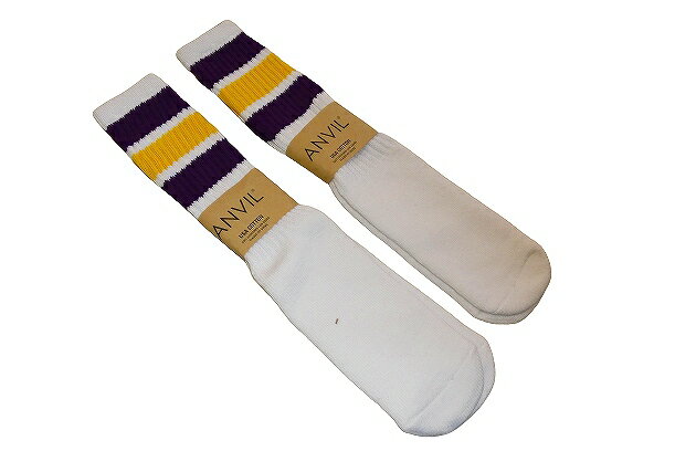 ANVIL アンビル US COTTON TUBE SOCKS チューブソックス ラインソックス 2P　レイカースカラー 白x紫x黄 ホワイト/パープル/イエロー 2..