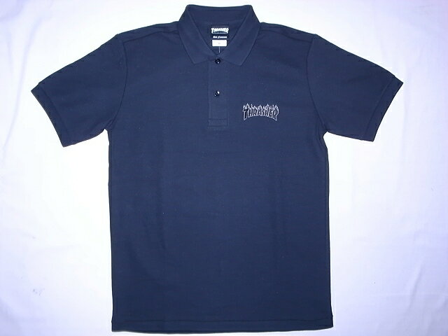 THRASHER スラッシャー FLAME フレイム 刺繍ロゴ ポロシャツ ブラック 黒x黒