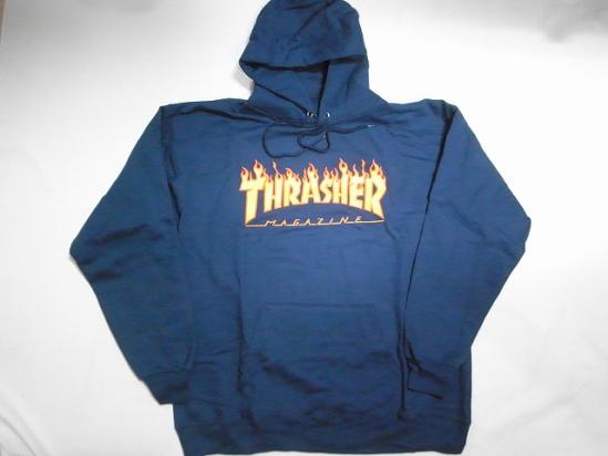 USA直輸入 THRASHER　スラッシャー US　FLAME ファイアー フレイムロゴ　フードパーカー　紺ネイビー