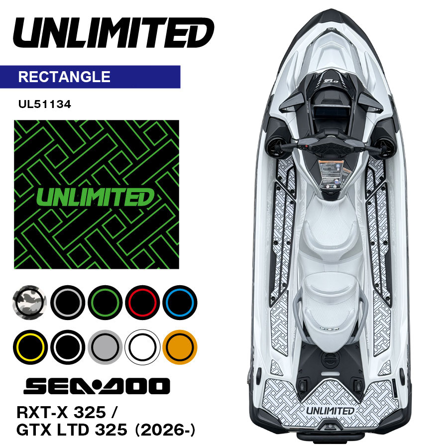 【 SEADOO 】 SEA DOO RXT-X 325 / GTX LTD 325 (2026-) 柄：レクタングル ●UNLIMITEDから新発売されたSEADOO 用デッキマット。 ●2層のマット構造のからなる優れたクッション性に加え、最新のレーザー加工を取り入れ設計・デザインしているため、 水の表面張力をなくしデッキの排水をスムーズにすることはもちろん、濡れていてもグリップ力の高い耐久性のあるマットを実現しました。 ●使用されている両面テープは従来使用されている3Mテープではなく、シワや耐久力・粘着性にも優れた3M 9786をベースに新たにPSA2を使用しています。 ●両面テープ付き 【おことわり】 製品材質や色の性質上、特定の色(グリーン、オレンジ、レッド、ピンク、イエロー) は時間経過・ご使用とともに退色する可能性がございます。 退色や色あせにつきましてはクレーム対象外となりますので予めご了承ください。 【お取り寄せ/予約表示の商品に関しまして】 メーカーへ受注生産にてご用意いたします。 オーダー生産のため注文後の変更・キャンセルはお受けできかねますのでご注意ください。 お取り寄せには2〜2カ月半ほどお時間を頂いておりますので予めご了承ください。