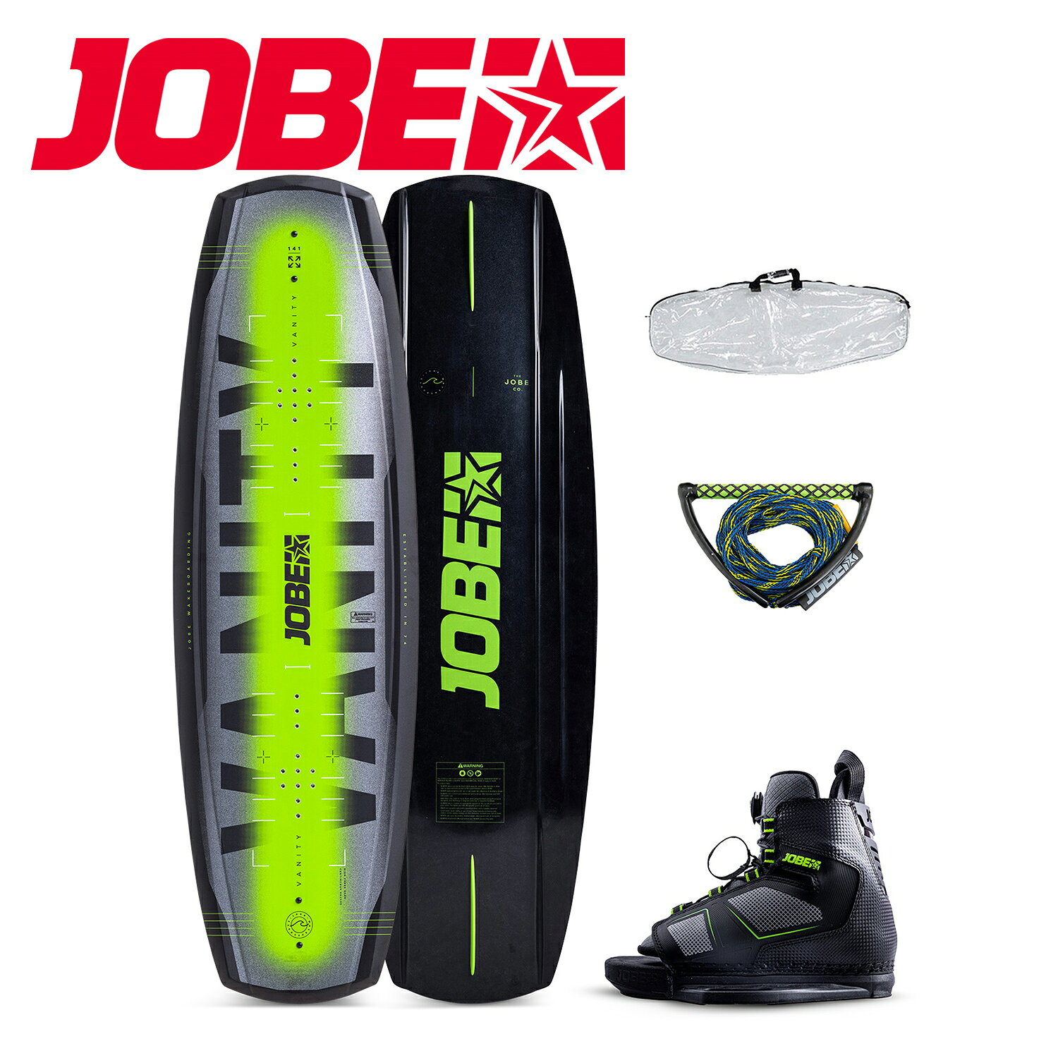 Vanity Wakeboard 136 & Unit Bindings Package ヴァニティ ウェイクボード & ユニット ビンディング 全4点セット ■ボード、ビンディング、ハンドルライン、収納用ケースの4点セット グラスファイバー製のフィンと深い溝のチャンネルで成形されたハイプレスコアを特徴とするヴァニティは、どんなトリックでもコントロールすることができます。 連続ロッカーにより、水上でのリラックスした感触とスピードが得られます。 このパッケージには定番のユニットビンディングが装備されています。 オープントゥビンディングはサイズを調整できるため、幅広い足のサイズに対応できます。 共用でのご使用にもおすすめです。 ■パッケージ詳細 ウエイクボードサイズ：136cm ビンディングサイズ：25-28cm(7/10インチ) ハンドル＆ライン：38cm幅EVAグリップハンドル＆16ストランドロープ 収納用ボードケース