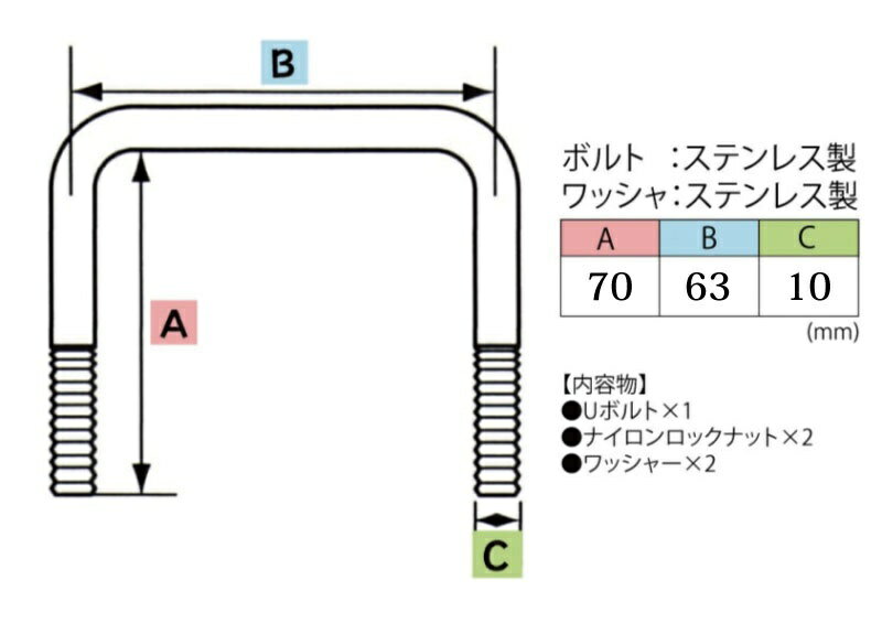 SUS 角型 Uボルトキット ステンレス 70×63×φ10 _U-SUS1012