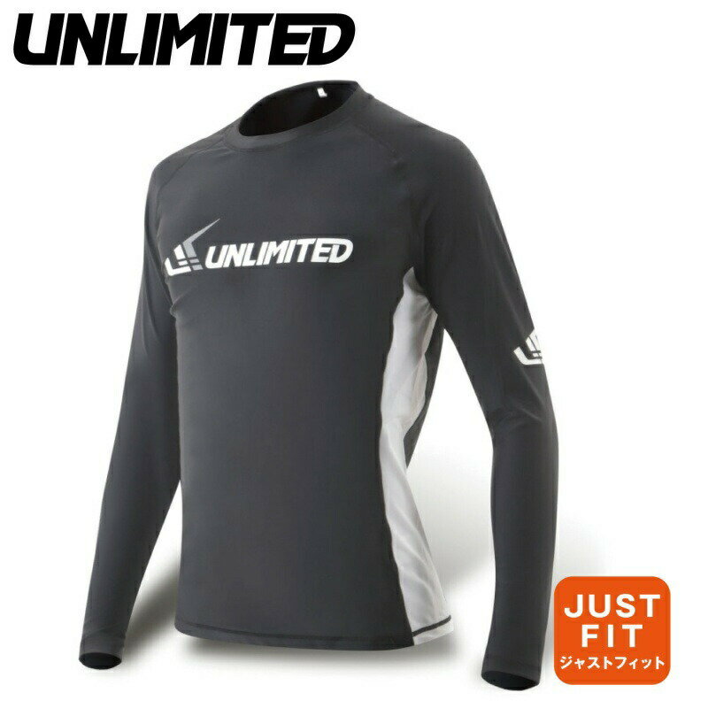 ウォータースポーツブランド「UNLIMITED」の長袖ラッシュガードが新発売です。 紫外線対策だけでなく適度なストレッチで筋肉疲労を軽減してくれます。 胸元・背中・肩・袖口の各所にブランドプリントが施されています。 両脇生地のカットパターンがボディラインによりスリムな印象を与えてくれます。 ■平置実寸（胸囲/着丈） 　M：　96 / 66cm 　L： 101 / 68cm XL： 106 / 71cm XXL： 111 / 73cm ■MATERIAL:ナイロン82％　スパンデックス18％