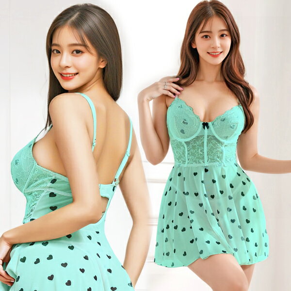 メール便 送料無料■Cute ハート柄 レース セクシー ベビードール ランジェリー2点セット キャミソール Tバック パンツ付/hol2081【ミント ナイト...