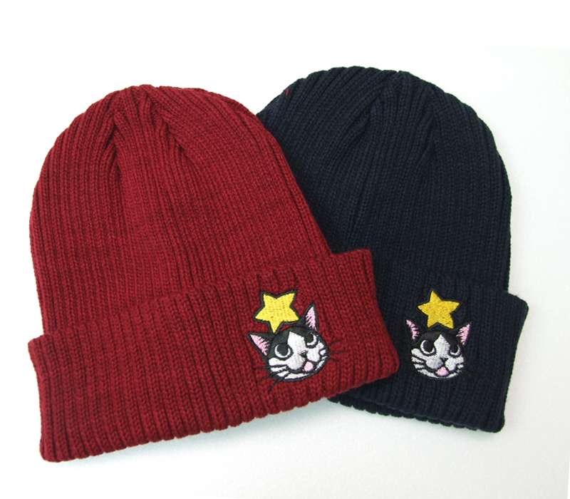 ニットキャップ 猫柄 切り絵　cut　art　さとうみよ コラボ　男女兼用　星とハチワレ　ニットキャップ..