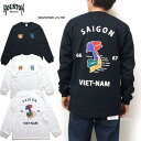 メンズ ロングTシャツ HOUSTON ベトジャンモチーフ スーベニアロングTシャツ 虎 福 ヒューストン23AW ロンt 22153 マップ柄 カットソー 立体感ある発泡プリント
