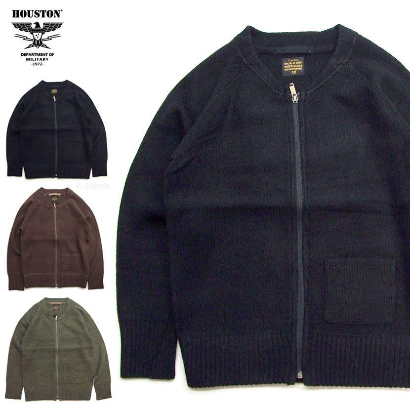 HOUSTON C-2セーター 衿なしセーター しっかり厚手ニットセーター 22239 3collar 黒 オリーブ ブラウン メンズ ジップセーター