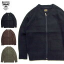 メンズ ジップセーター HOUSTON C-2セーター 衿なしセーター しっかり厚手ニットセーター 22239 3collar 黒 オリーブ ブラウン