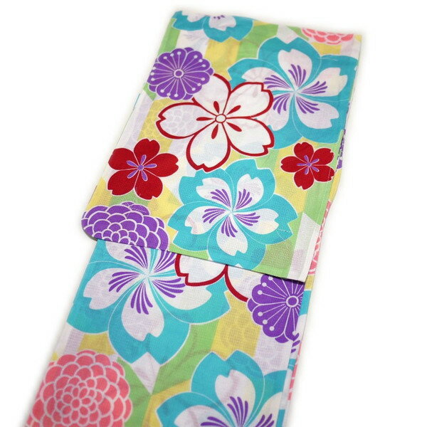 高級紅梅織生地の浴衣です。 【色　柄】白地に黄色と黄緑色の矢絣柄。ブルー、パープル、サーモンピンク、赤の大きな花柄。昔の振袖のような大正浪漫漂うお洒落な浴衣。 【サイズ】フリー　身丈165cm　裄67cm　袖丈49cm　適応身長：155cm...