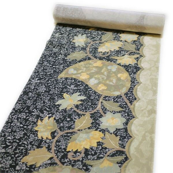 【割引クーポン配布中】なごや帯 染の北川 縮緬九寸名古屋帯 正絹（黒地に花柄）