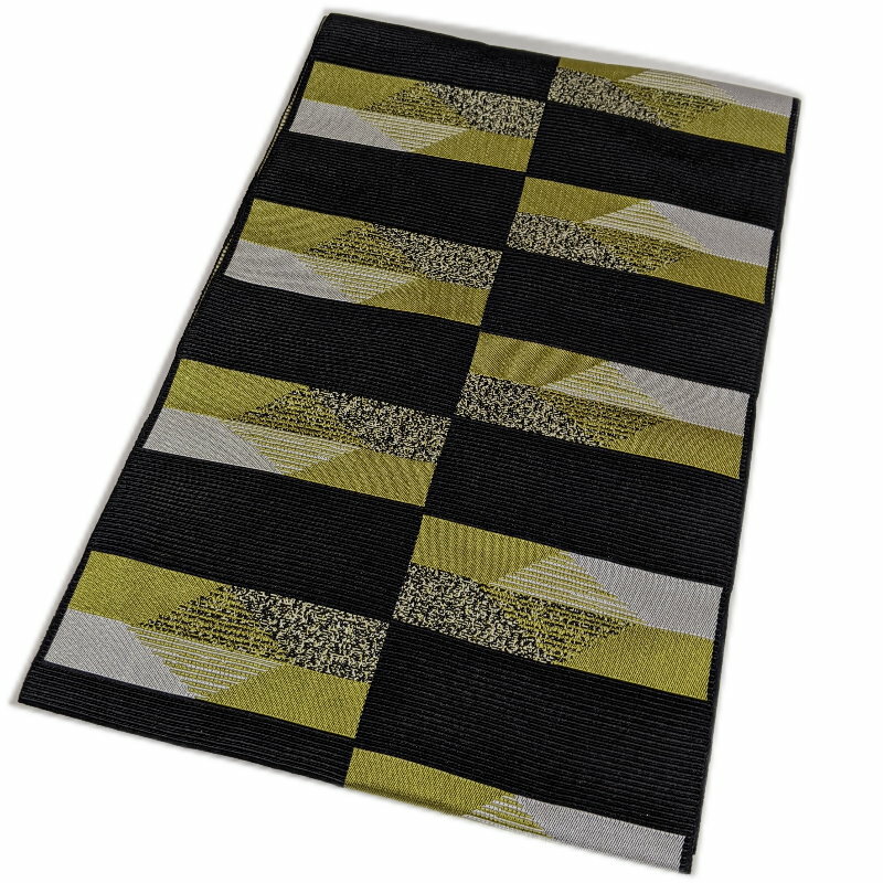 【割引クーポン配布中】なごや帯 八寸 名古屋帯 仕立て上がり （ブラック＆イエロー系） 日本製 レディース 女性 小紋 着物 袷 単衣