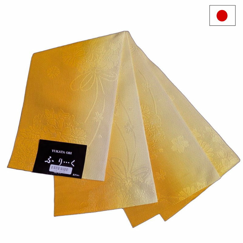 Half-Width Cloth - 半幅帯（花手毬柄：イエロー系）キラキラ ラメ入り 日本製 ロング 長尺 リバーシブル 細帯 浴衣 着物 小紋 レディース 女性 和装 和服