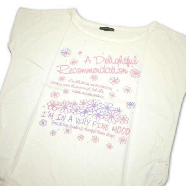 Rakuten - 【セール】Tシャツ レディース 半袖 オフホワイト地に花とロゴ Lサイズ ショート丈 【メール便OK】3枚まで可