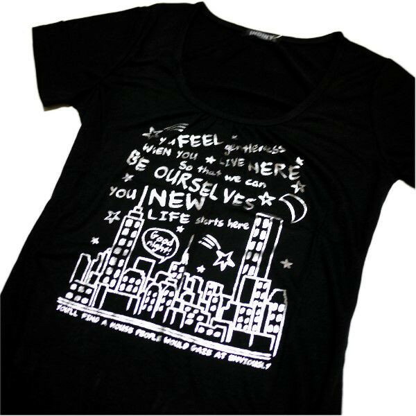 Tシャツ レディース 半袖 黒地に夜景とロゴ：シルバー Mサイズ 【メール便OK】3枚まで可