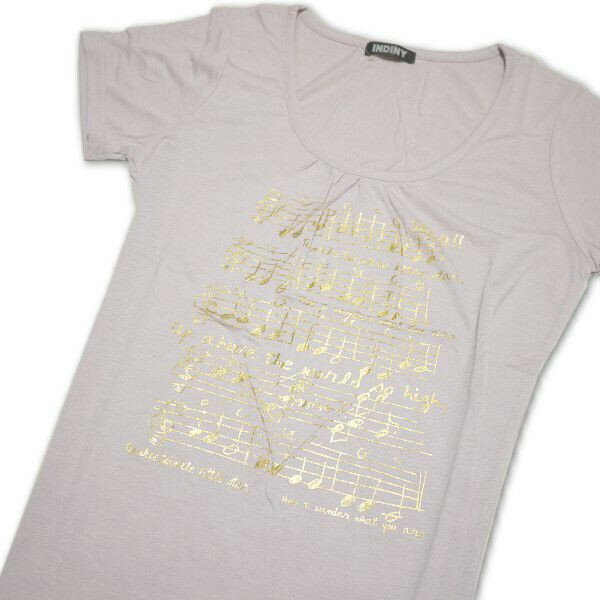 Tシャツ レディース 半袖 白地に五線譜とロゴ：ゴールド Mサイズ 【メール便OK】3枚まで可