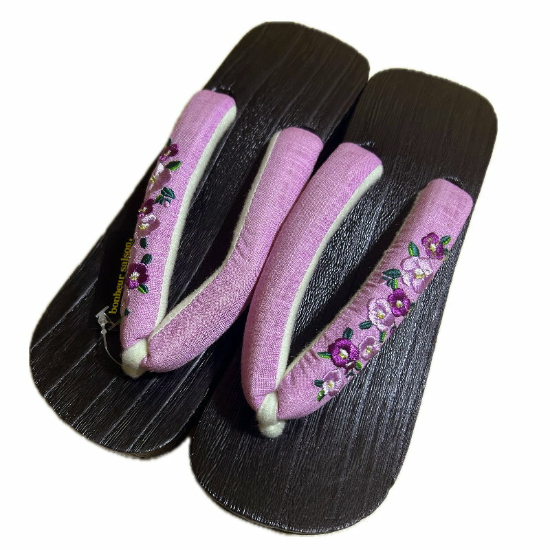 下駄 刺繍 ヒールタイプ 桐下駄 （パープル系：椿柄）浴衣 夏祭り 花火