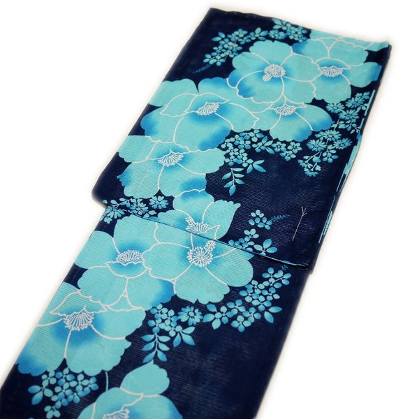浴衣 レディース 4点 セット レトロ 大人 艶やか 上品 高級 綿絽（濃紺地にブルーの花柄）浴衣/帯/下駄/巾着 レディース 女性 和装 デート お祭り 夏祭り 花火