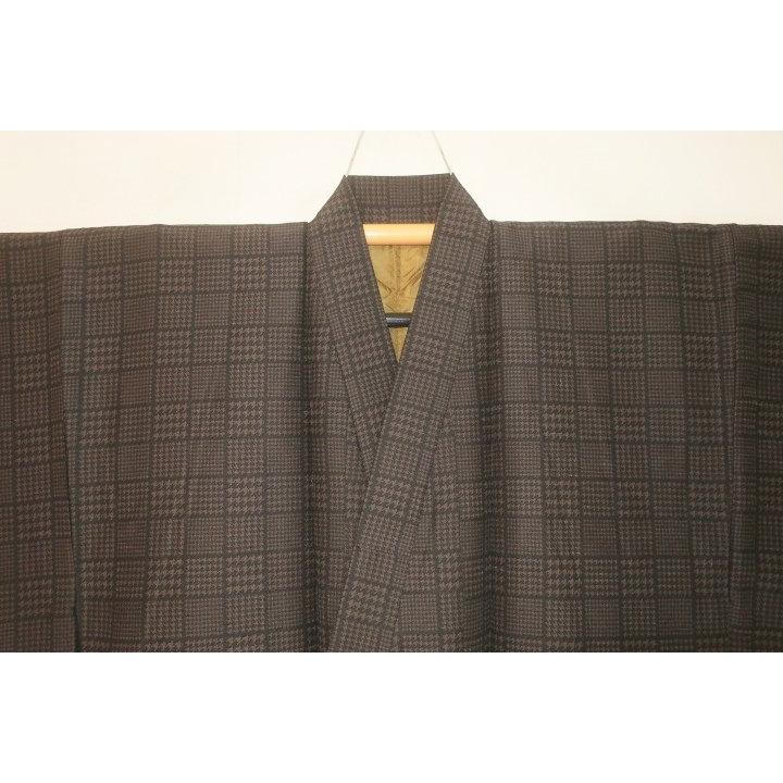 シルク化繊丹後縮緬調 男着物袷 裄70丈146К焦げ茶色濃淡・角通し千鳥格子文様 洗える江戸小紋 茶人好み