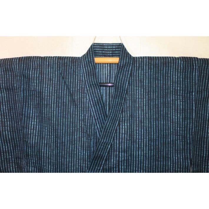 綿紅梅 男の染め絣の着物浴衣単衣 裄69丈145К黒青銅色の重ね染め暈し縞