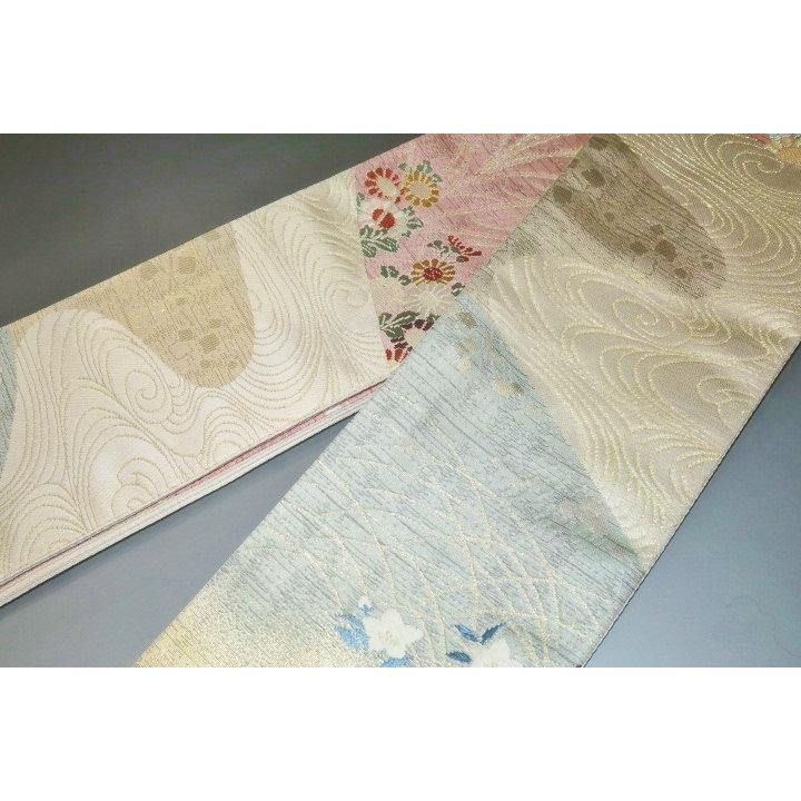 男角帯 本絹西陣錦唐織 К白地青灰・桜色金襴銀欄に水の四季の図 極上品 別誂え