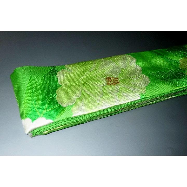 男角帯 本絹西陣織 К 若草色 牡丹の図縫い取り 別誂え