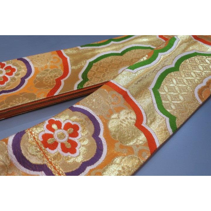 男角帯 本絹西陣織 К柿朱色地金襴縫い取り八咫鏡の図 別誂え