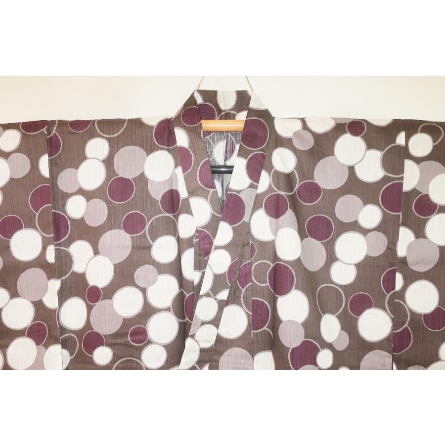 遠州綿紬東京友禅調 男性木綿単衣着物浴衣 裄70丈143К灰茶に葡萄色の炭酸文様