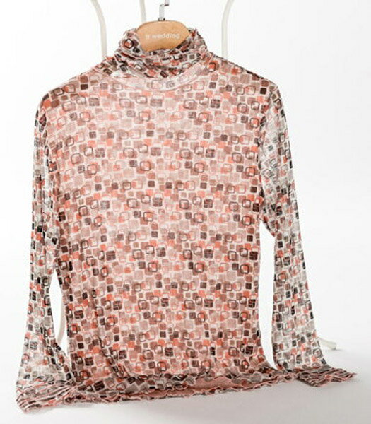 ハイネック 長袖 シルク シャツ 幾何柄 メッシュ レディース シルクシャツ