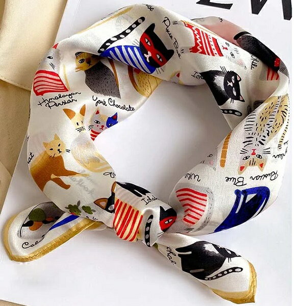 ねこ柄 レディース シルクスカーフ プチ シルク 快眠工房 スカーフ