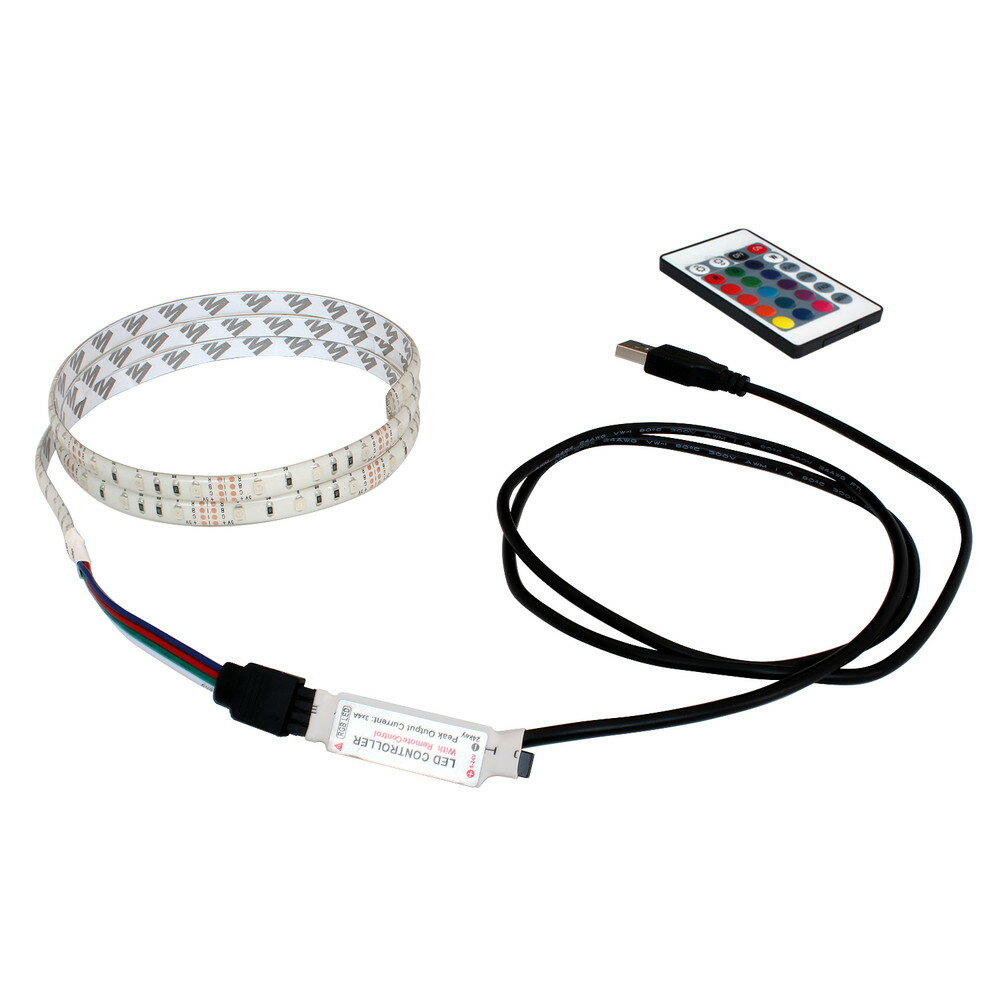 楽天ledテープ 電子部品 販売 海渡電子USB 流れる LED防水テープライト150cm RGB/カラフル[3528 SMD] 24キーリモコン型 白ベース DC5V