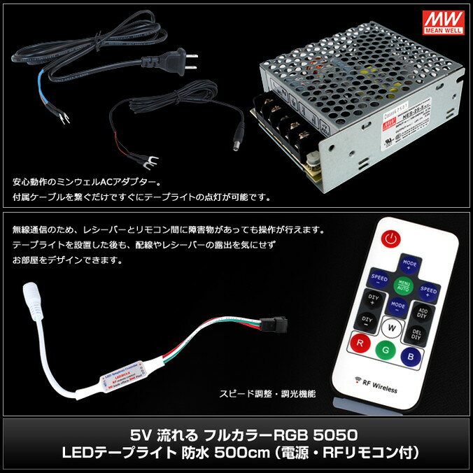 LEDテープライト 流れる RGB フルカラー 電源付き RFリモコン付き 防水 500cm 5V