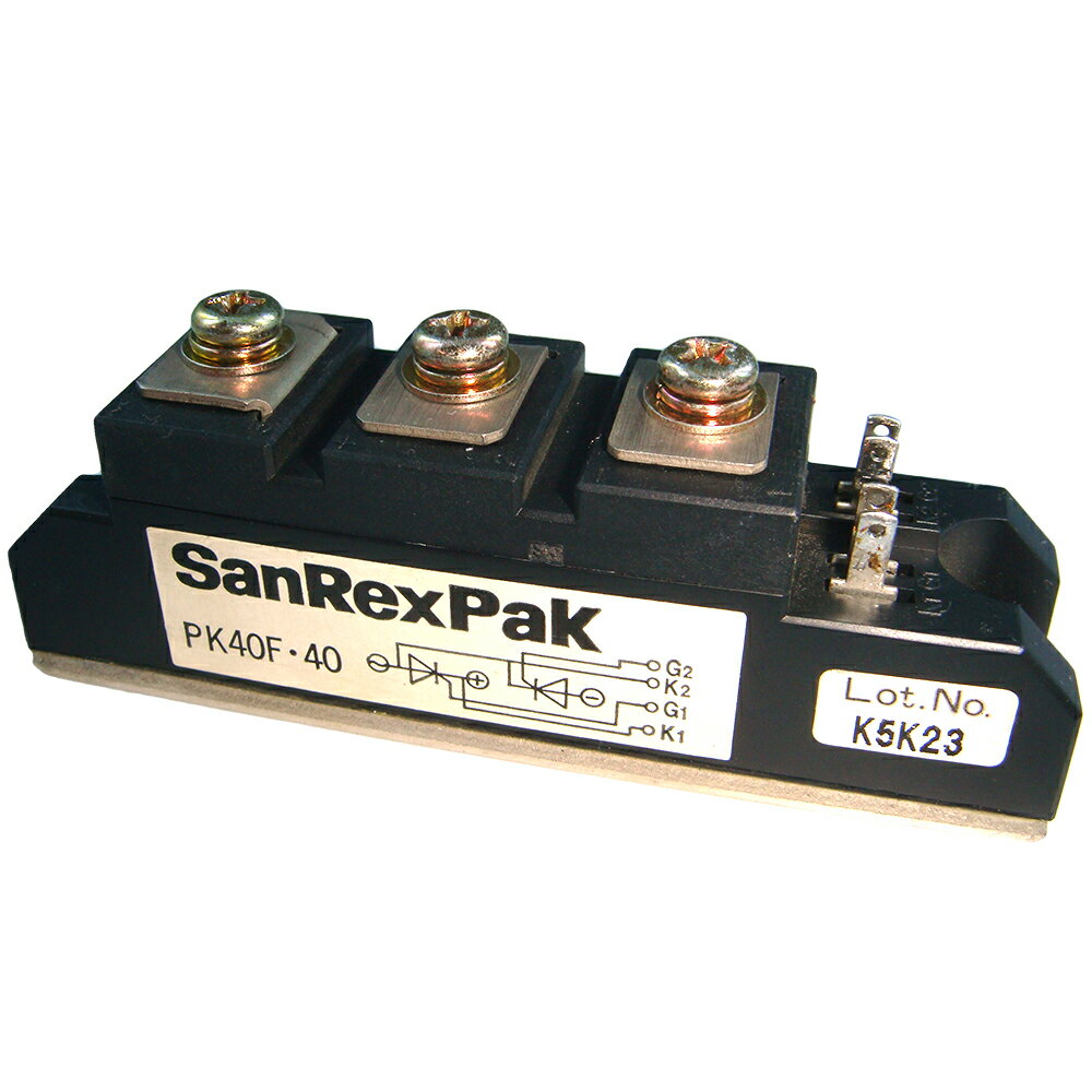 商品詳細 同梱物・セット内容 品名 数量 PK40F-40 (パワーサイリスタモジュール) SanRex (中古) 1個 仕様・諸元 型番：PK40F-40 メーカー：SanRex TYPE：パワーサイリスタモジュール（Power Thyristor Module） 商品状態：中古品(USED) ※こちらの商品は数量に限りがございます。 （大量注文をご希望の場合はお問い合わせください） ご質問はjapan@kaitodenshi.jpまで、お気軽にお問い合わせください。 おことわり ※注意：この商品は新品ではありません、中古品です。 中古品の中でも良品を選別しておりますが 万が一、初期不良等ございましたら交換させていただきます。 画像は同一型番のものです。 当店、倉庫内在庫につき代表して1台のみ撮影しています。 （記載内容には誤記や漏れがあることがございます。）