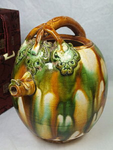 ■龍香堂■☆【中国骨董品】唐三彩(とうさんさい)持手付細口水差(145mm)