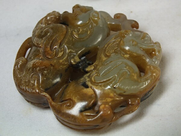 ■龍香堂■☆旧中国白玉（はくぎょく）彫物「双貔貅（ひきゅう）」51mm（v3）