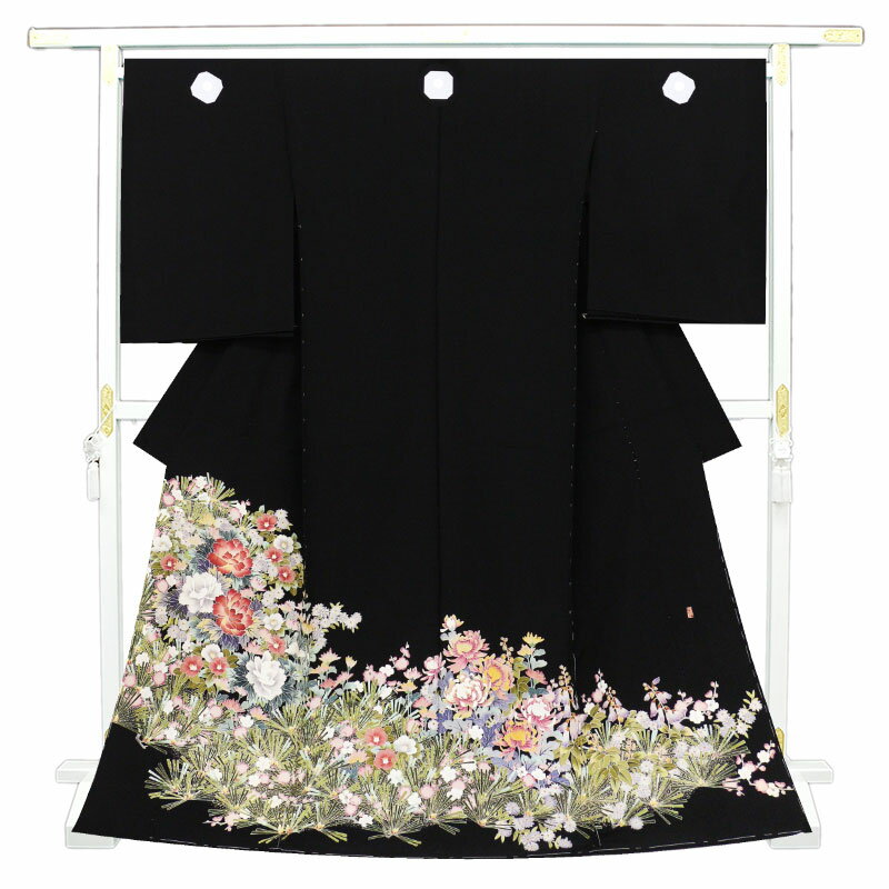 ※記念感謝祭☆仕立無料・送料無料☆京友禅伝統工芸士手描染、ロウケツ染加工☆加賀五彩吉祥大王松四季花文黒留袖☆落款入