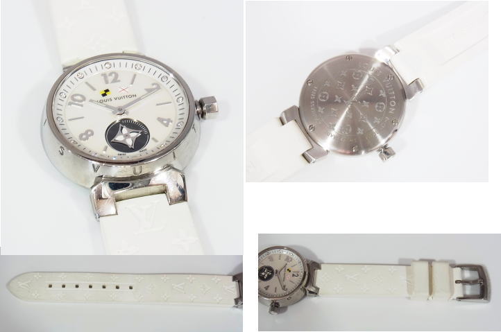 腕時計 ルイヴィトン タンブール 　ラブリーカップ　PM Q12MO TA6992 レディース　クオーツ　ホワイトシェル　文字盤　　ダイヤモンド ダイヤ　ホワイト　白　ラバー　綺麗　6時の所のロゴマークが秒針の様に1秒ごとに回ります