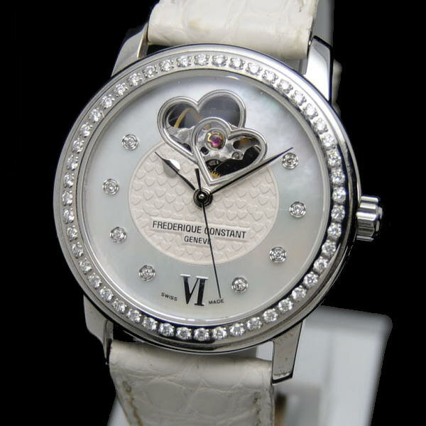 ◆フレデリックコンスタント FREDERIQUE CONSTANT◆ レディース時計/ハートビート/ダイヤベゼル/8PD/裏スケ/SS×レザー/シェル 【LW265】【税込価格】【質屋出店】【中古】【あす楽対応】:かねき質店