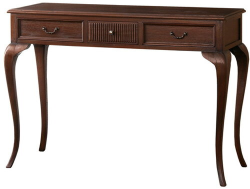 ウェール コンソールテーブル W50×D38×H109cm 引出内寸（両サイド）約W30×D27.5×H7cm （中央）約W20.5×D23.5×H7cm 天然木、ラッカー塗装 英国スタイルのアンティーク調デザインが、お部屋を華やかに引き立てます。 重量6kg 完成品/送料無料
