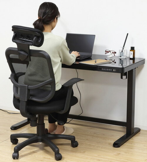 【KUROSIO】電動昇降デスク メモリー機能付き 幅120×奥行60×高さ72～121cm ホワイト/ブラック  6mm厚強化ガラス、スチール (充電ポート:USB TypeA 2個、USB TypeC 1個)【送料無料】【smtb-TK】 [2]