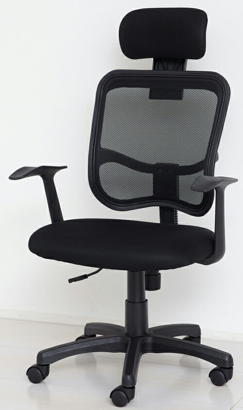 メッシュハイバックチェア肘付　ブラック　幅64.5×奥行59×高さ99～111(座面高38～46)cm　主材:構造部材＝PP、ナイロン、スチール 張材：ポリウレタン　クッション材：ウレタンフォーム　 重量:10kg　組立【送料無料】