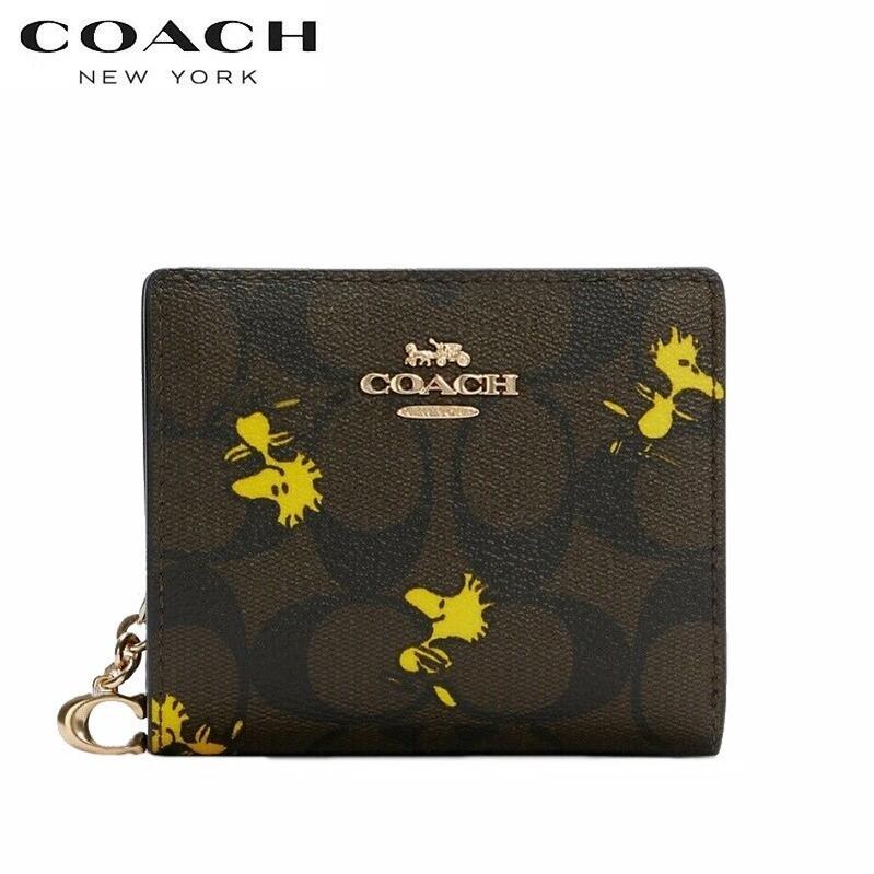 【SALE 新作 COACH】コーチ 財布 二つ折り 新作 ミニ財布 コーチ ピーナッツ コラボ スヌーピー 二つ折り財布 COACH ファクトリー COACH X PEANUTS スナップ ウォレット シグネチャー キャンバス ウッドストック プリント ブラウン ブラック マルチ