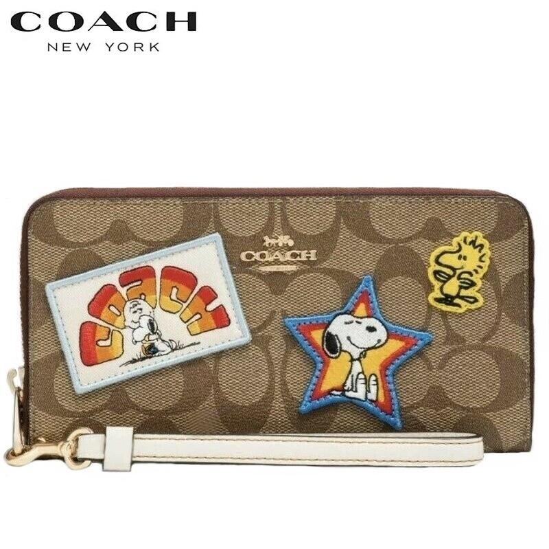 コーチ スヌーピー コラボ 即発送可能 新作 コーチ 長財布 ファクトリー COACH X PEANUTS ロング ジップ アラウンド ウォレット シグネチャー ヴァーシティ パッチ カーキ マルチ