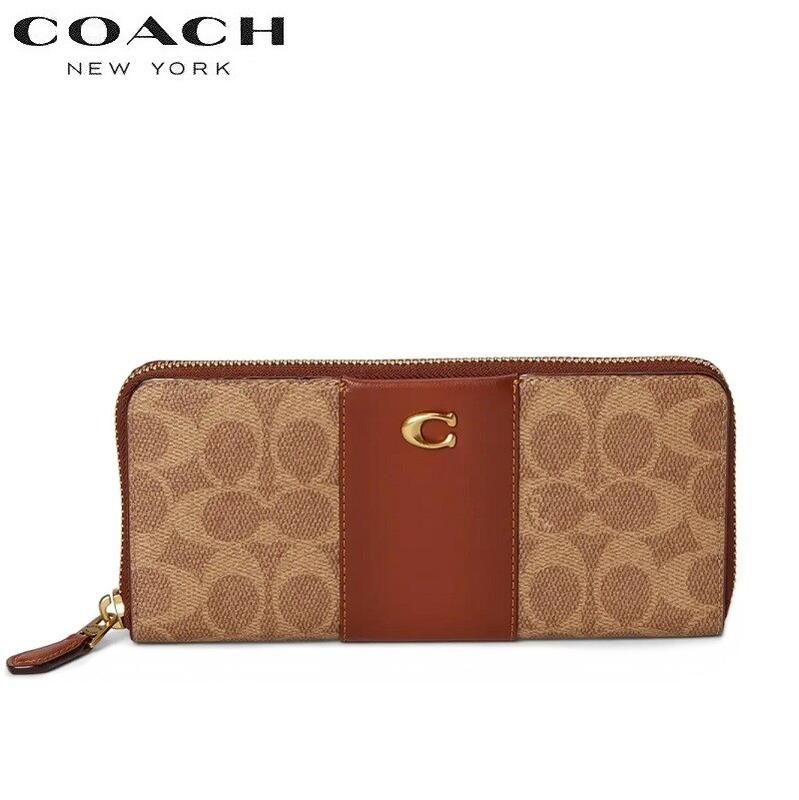 2024新作 コーチ COACH CS031 長財布 ブティックライン レディース メンズ 2024新作 エッセンシャル スリム アコーディオン ジップ ウォレット シグネチャー キャンバス タン ラスト 正規品