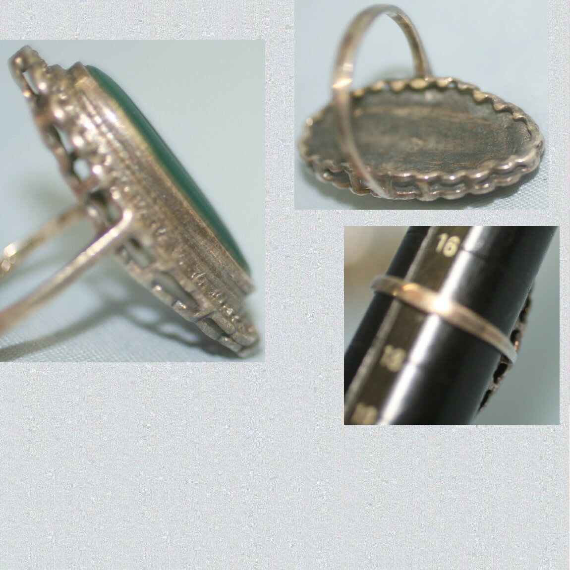 【中古】本物美品SV925いぶし銀素材にヒスイの様な深緑色指輪重さ9,1gサイズ17号 〇B9-78-11