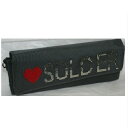 【中古】本物LDSの女性用クラッチバッグ27x11x5,5cm正面にビーズで赤いハートの形と銀色ビーズでSOLDER貼り付け○C11-127-3