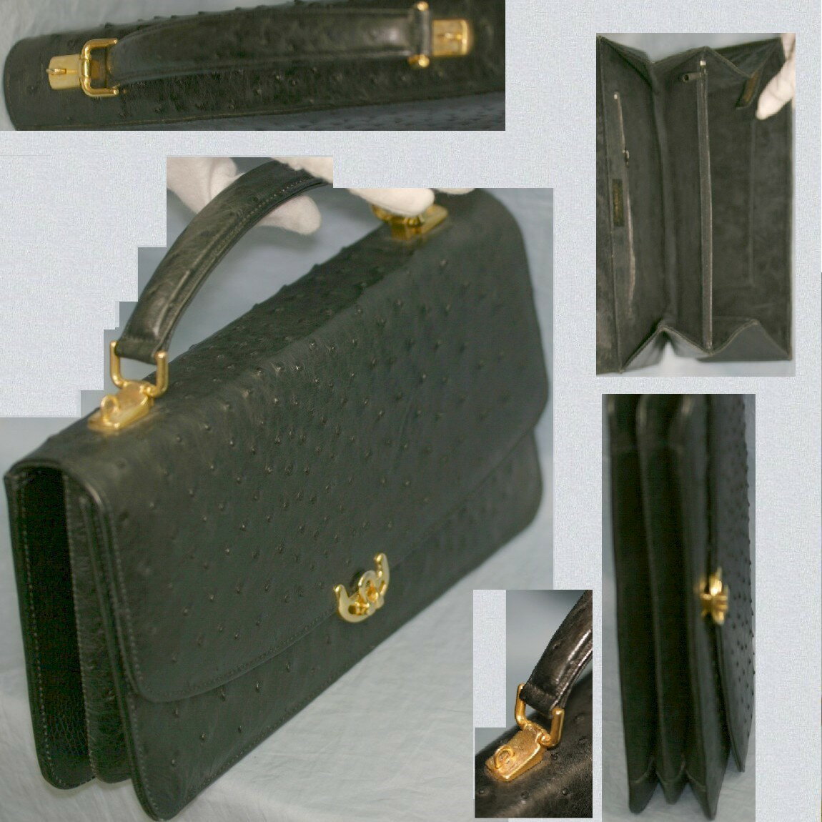 【中古】本物綺麗オ-ストリッチ黒男女兼用30センチショルダ-付セカンドバッグ C5-255